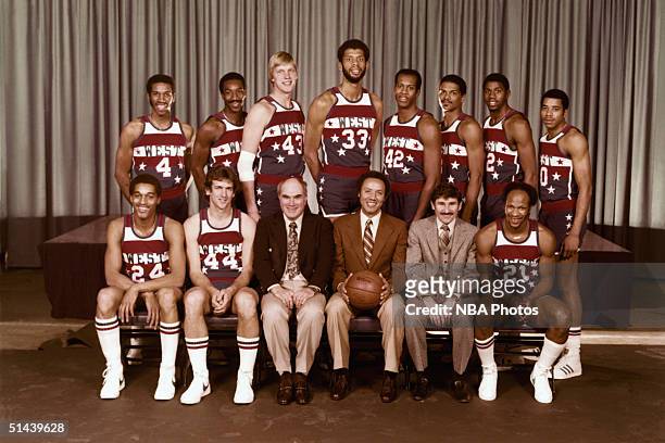 The Western Conference All-Stars pose for a team photo, front row : Dennis Johnson, Paul Westphal, Trainer Frank Furtado, Head Coach Lenny Wilkens,...