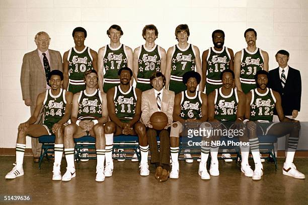 The Western Conference All-Stars pose for a team photo, front row : Billy Knight, Bob Lanier, Rick Barry, Head Coach Larry Brown, Dan Issel, Maurice...
