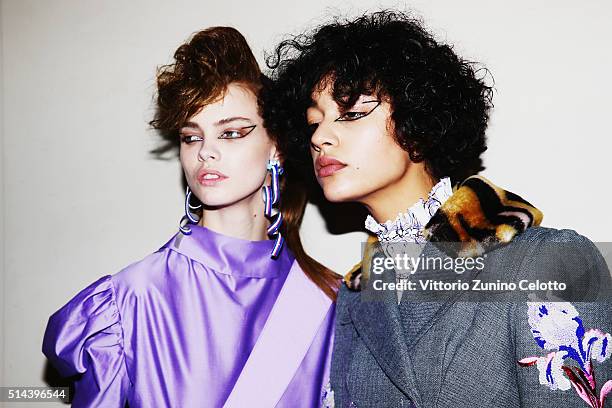 Model prepares backstage before the Kenzo show as part of the Paris Fashion Week Womenswear Fall/Winter 2016/2017 on March 8, 2016 in Paris, France.