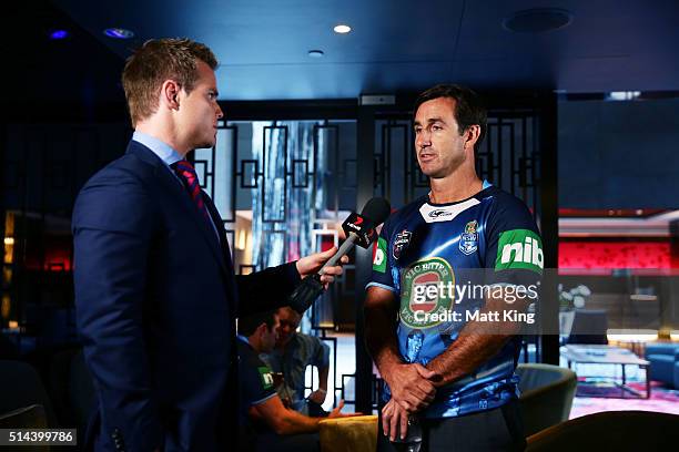 Andrew Johns speaks to the media during a jersey presentation to the winning New South Wales State of Origin captains at The Star on March 9, 2016 in...