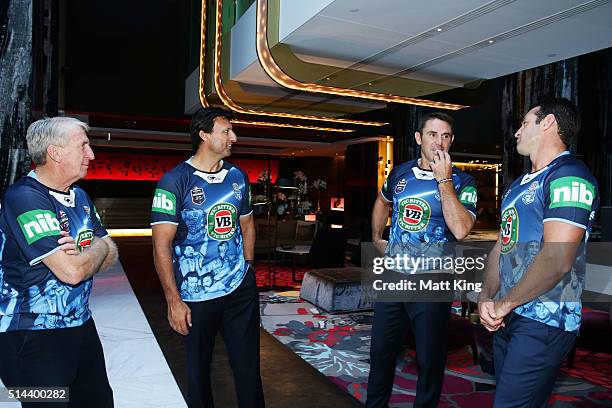 Steve Mortimer, NSW Blues coach Laurie Daley, Brad Fittler and Danny Buderus chat during a jersey presentation to the winning New South Wales State...