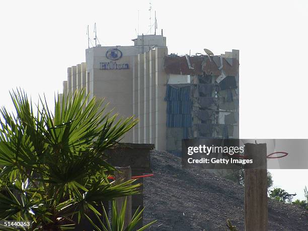 The shattered side of the Hilton Hotel in Egyptian resort of Taba on the Red Sea is seen, on October 8, 2004 in Taba, Egypt. Some 100 people were...