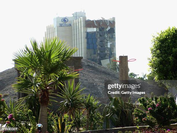 The shattered side of the Hilton Hotel in Egyptian resort of Taba on the Red Sea is seen, on October 8, 2004 in Taba, Egypt. Some 100 people were...