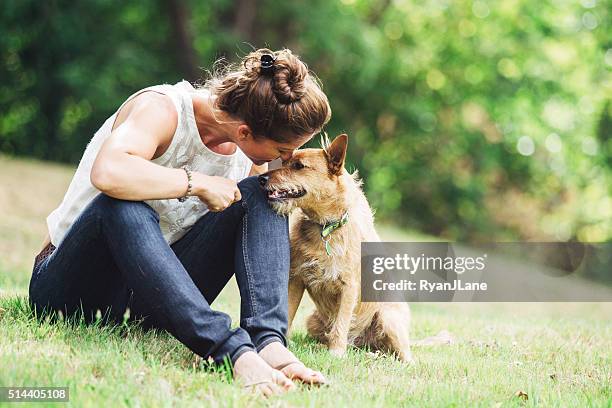 adult woman enjoying time with pet dog - mixed breed dog stock pictures, royalty-free photos & images