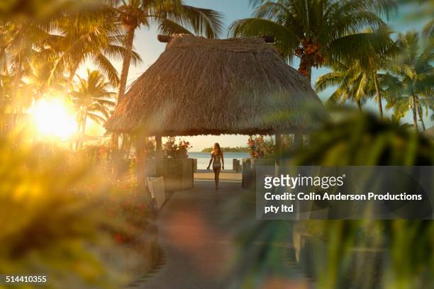 caucasian girl walking under hut in tropical beach - リゾート地 ストックフォトと画像