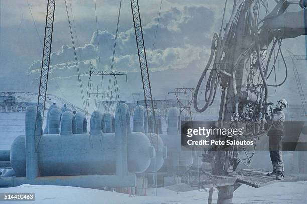 double exposure of power plant and landscape - freeze ideas stock pictures, royalty-free photos & images