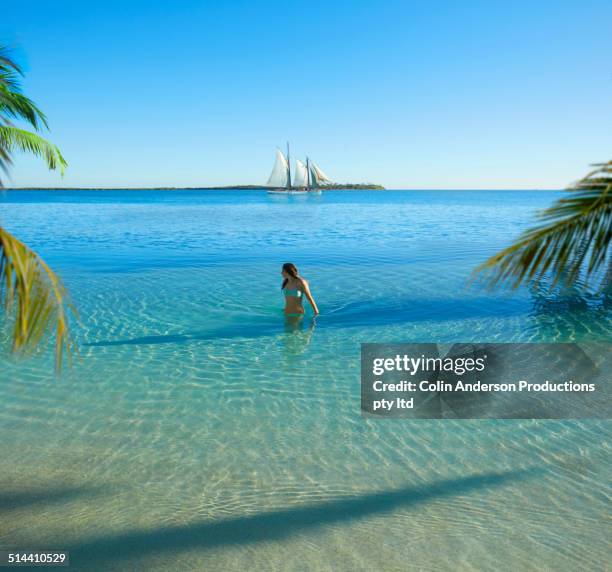 caucasian girl standing in tropical ocean - fiji people stock pictures, royalty-free photos & images