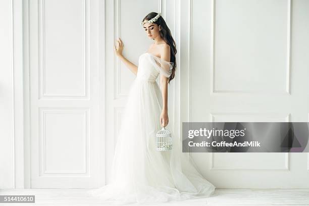 studio shot of young beautiful bride - flower tiara stock pictures, royalty-free photos & images