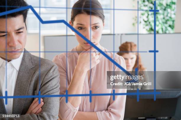 business people examining graph on window - disappoint bussiness meeting stock pictures, royalty-free photos & images