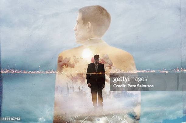 double exposure of businessman and urban coastline - double exposure business stock pictures, royalty-free photos & images