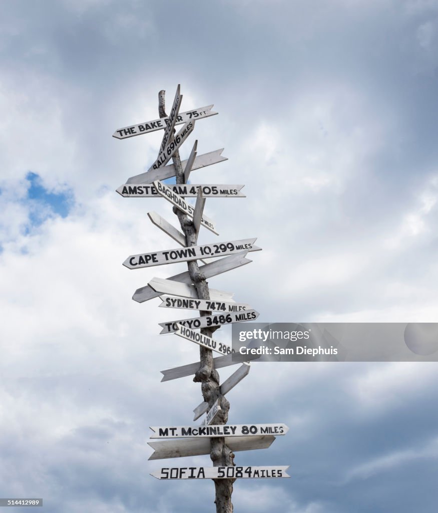 Low angle view of sign post against cloudy sky