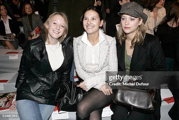 Actresses Ludivine Sagnier, Virginie Ledoyen and Marion Cotillard at the Chanel fashion show as part of Paris Fashion Week Spring/Summer 2005 on...