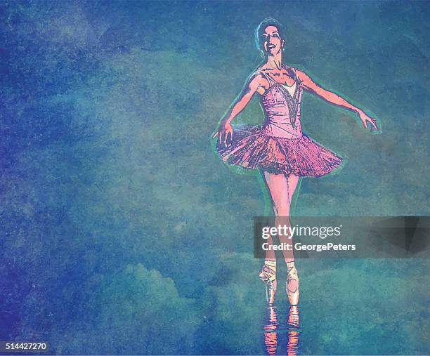 ballerina dancing with textured clouds background - arabesque position stock illustrations