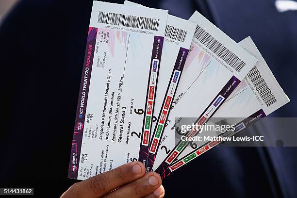 General view of match day tickets ahead of the ICC Twenty20 World Cup match between Bangladesh and Netherlands at HPCA Stadium on March 9, 2016 in...