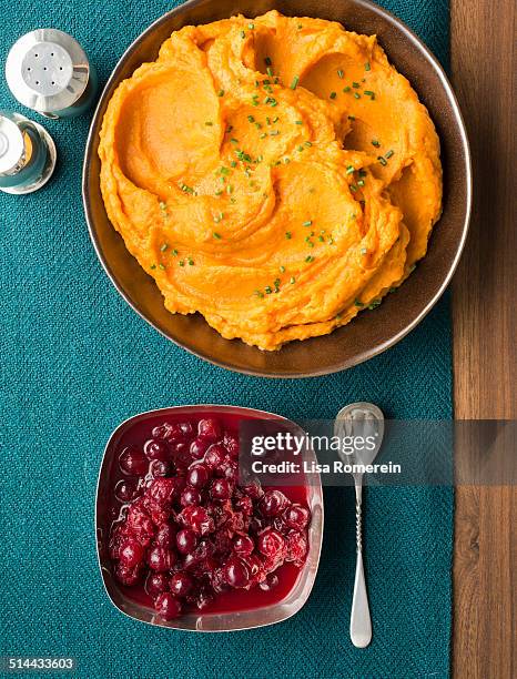 servings of mashed sweet potatoes & cranberries - puree photos et images de collection