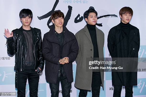 Sung Jong, Dong Woo, Woohyun and L. Kim of South Korean boy band Infinite attend the VIP screening for 'Hiya' at Lotte Cinema on March 08, 2016 in...