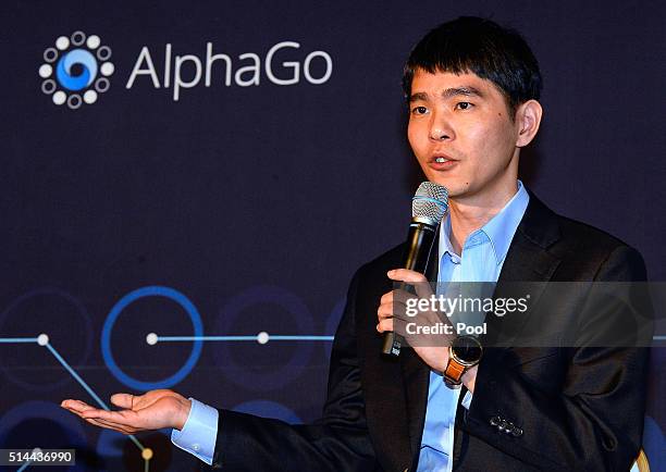 South Korean professional Go player Lee Se-Dol attends the press conference after the match against Google's artificial intelligence program, AlphaGo...