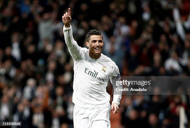 Cristiano Ronaldo of Real Madrid celebrates after scoring a goal during the UEFA Champions League Round of 16 Second Leg match between Real Madrid CF...