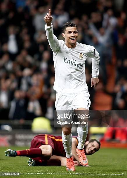 Cristiano Ronaldo of Real Madrid celebrates after scoring a goal during the UEFA Champions League Round of 16 Second Leg match between Real Madrid CF...