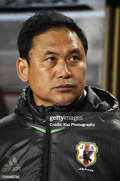 Norio Sasaki head coach of Japan looks on prior to the AFC Women's Olympic Final Qualification Round match between Japan and North Korea at Kincho...