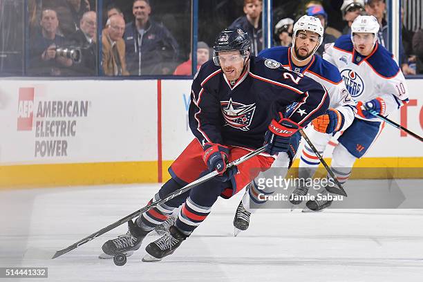 David Clarkson of the Columbus Blue Jackets skates against the Edmonton Oilers on March 4, 2016 at Nationwide Arena in Columbus, Ohio.