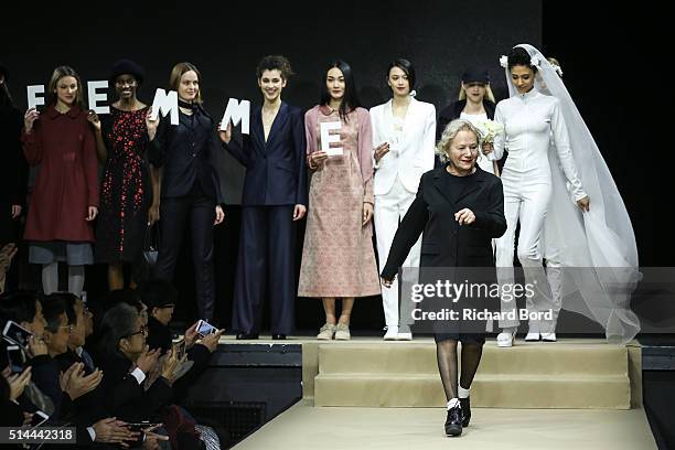 Designer Agnes B walks the runway during the Agnes B show as part of the Paris Fashion Week Womenswear Fall/Winter 2016/2017 on March 8, 2016 in...