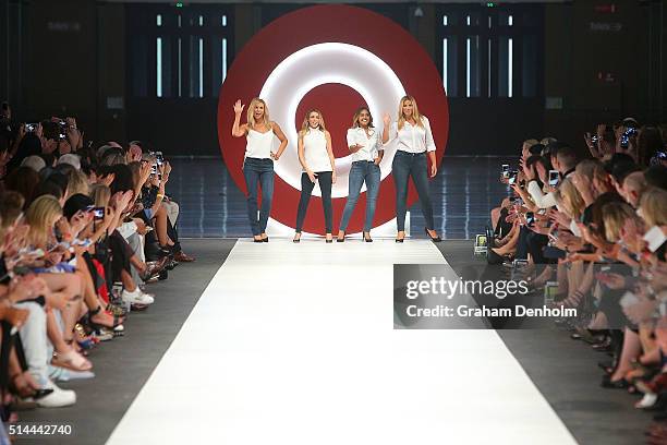 Sonia Kruger, Dannii Minogue, Jessica Mauboy and Fiona Falkiner showcase designs during the Jean Paul Gaultier x Target Launch during Melbourne...