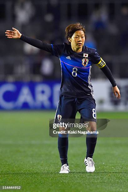 Aya Miyama of Japan gestures during the AFC Women's Olympic Final Qualification Round match between Japan and North Korea at Kincho Stadium on March...