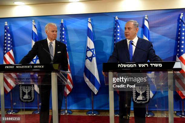 Vice President Joe Biden listens to Israeli Prime Minister Benjamin Netanyahu talk during joint statements in the prime minister's office in...