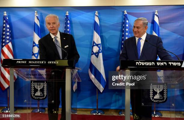 Vice President Joe Biden and Israeli Prime Minister Benjamin Netanyahu give joint statements to press in the prime minister's office in Jerusalem on...