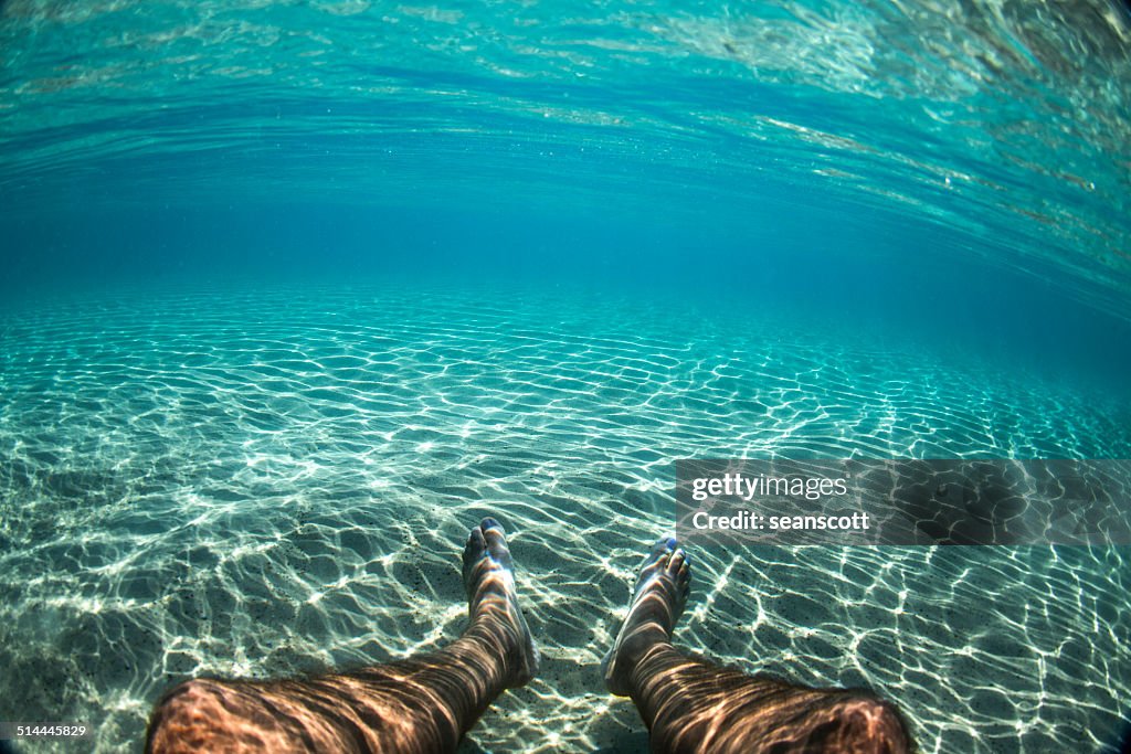 Man's legs underwater in the ocean