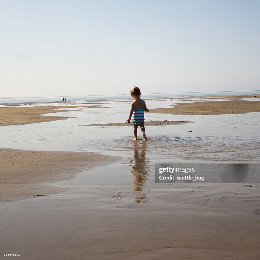 Rear view of girl (2-3) walking on beach