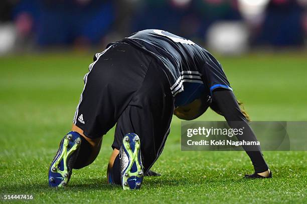 Yuki Ogimi of Japan reacts after missing a chance during the AFC Women's Olympic Final Qualification Round match between Japan and North Korea at...