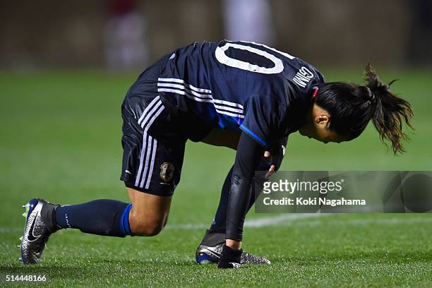 Yuki Ogimi of Japan reacts after missing a chance during the AFC Women's Olympic Final Qualification Round match between Japan and North Korea at...