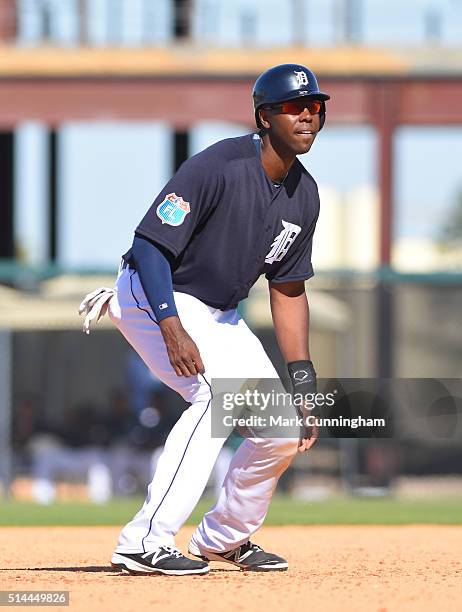 John Mayberry Jr. #64 of the Detroit Tigers runs the bases during the Spring Training game against the Miami Marlins at Joker Marchant Stadium on...