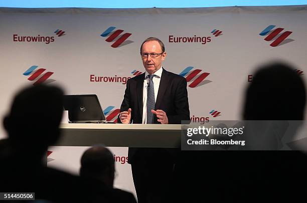 Carl Ulrich Garnadt, chief executive officer of Eurowings, Deutsche Lufthansa AG's low cost carrier, speaks during a news conference at the ITB...