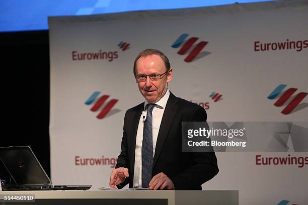 Carl Ulrich Garnadt, chief executive officer of Eurowings, Deutsche Lufthansa AG's low cost carrier, speaks during a news conference at the ITB...