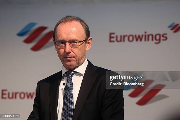 Carl Ulrich Garnadt, chief executive officer of Eurowings, Deutsche Lufthansa AG's low cost carrier, pauses during a news conference at the ITB...