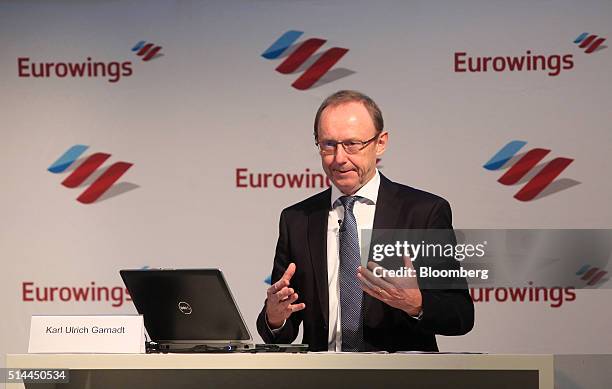 Carl Ulrich Garnadt, chief executive officer of Eurowings, Deutsche Lufthansa AG's low cost carrier, gestures as he speaks during a news conference...