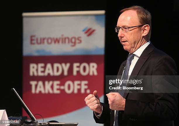 Carl Ulrich Garnadt, chief executive officer of Eurowings, Deutsche Lufthansa AG's low cost carrier, gestures as he speaks during a news conference...