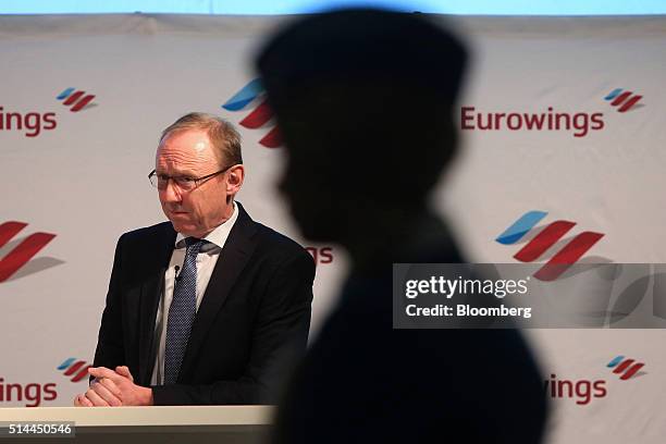 Carl Ulrich Garnadt, chief executive officer of Eurowings, Deutsche Lufthansa AG's low cost carrier, reacts during a news conference at the ITB...