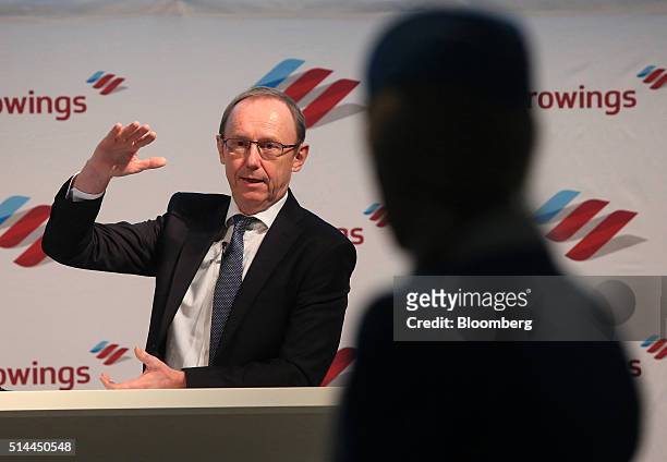 Carl Ulrich Garnadt, chief executive officer of Eurowings, Deutsche Lufthansa AG's low cost carrier, gestures as he speaks during a news conference...