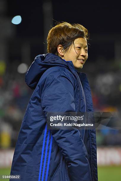 Aya Miyama of Japan looks on after the AFC Women's Olympic Final Qualification Round match between Japan and North Korea at Kincho Stadium on March...