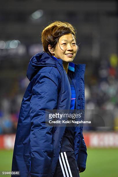Aya Miyama of Japan looks on after the AFC Women's Olympic Final Qualification Round match between Japan and North Korea at Kincho Stadium on March...