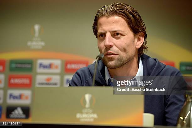 Goalkeeper Roman Weidenfeller looks on during the Borussia Dortmund press conference prior to the UEFA Europa League match between Borussia Dortmund...