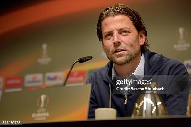 Goalkeeper Roman Weidenfeller looks on during the Borussia Dortmund press conference prior to the UEFA Europa League match between Borussia Dortmund...