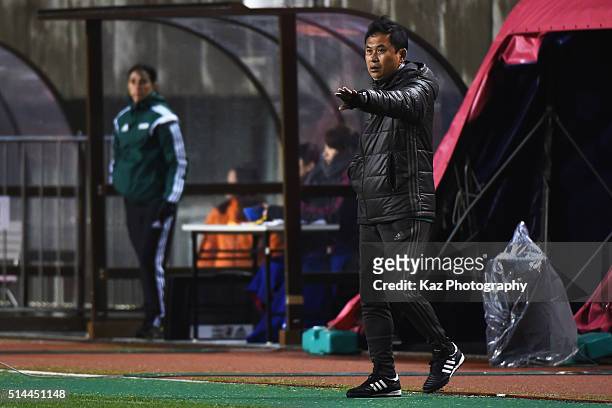 Norio Sasaki head coach of Japan gestures during the AFC Women's Olympic Final Qualification Round match between Japan and North Korea at Kincho...