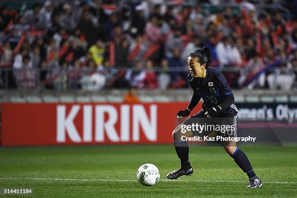 Yuki Ogimi of Japan in action during the AFC Women's Olympic Final Qualification Round match between Japan and North Korea at Kincho Stadium on March...