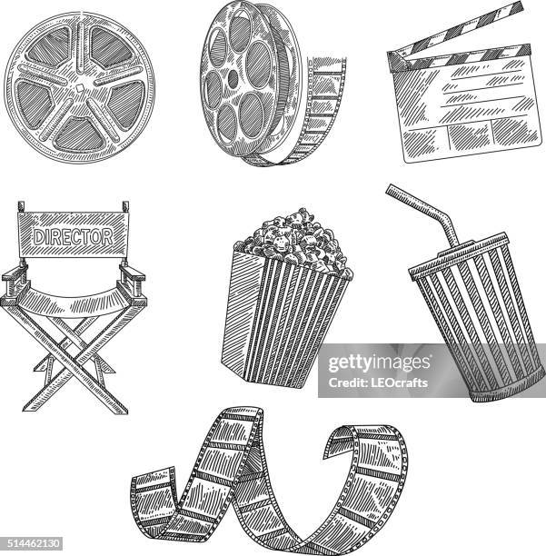 ilustraciones, imágenes clip art, dibujos animados e iconos de stock de dibujo iconos de películas - directors chair