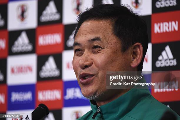 Norio Sasaki head coach of Japan attends a press confernce after the AFC Women's Olympic Final Qualification Round match between Japan and North...